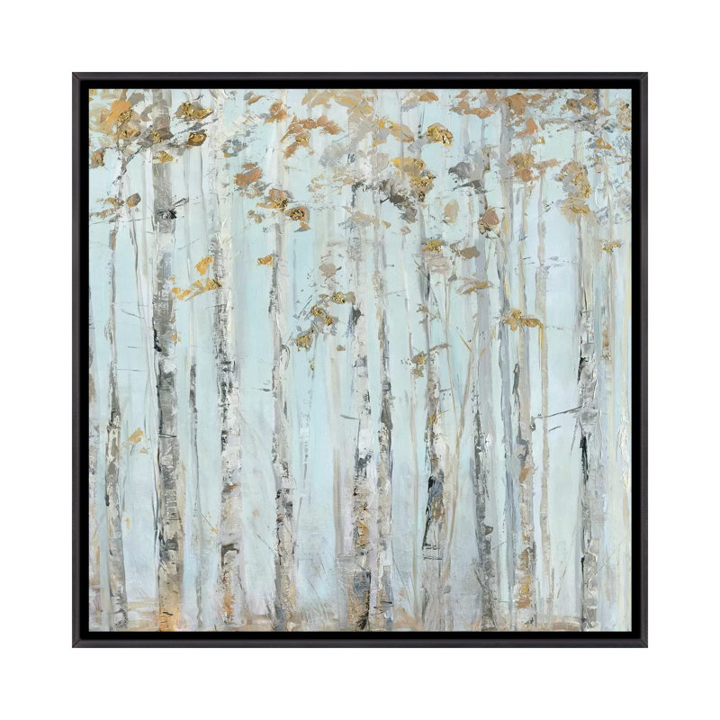 «Soft Birch Forest» par Sally Swatland - reproduction d'art, H 18 po x l 18 po x 1,5 po, Toile avec cadre noir patiné
