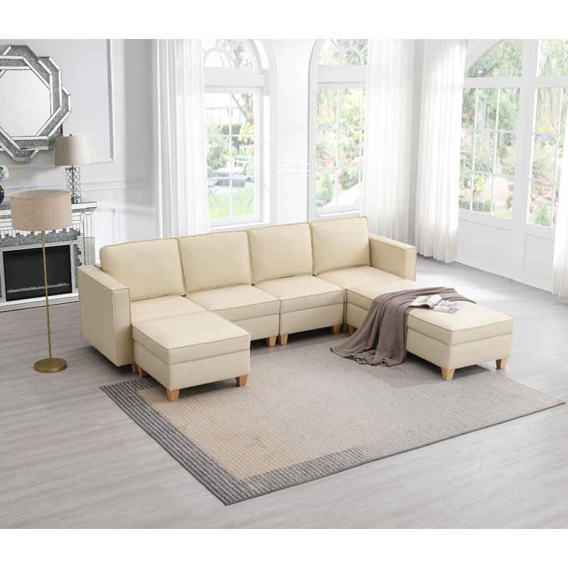 Canapé modulaire en similicuir avec rangement modulaire réversible 7 places et 3 repose-pieds pour salon Beige