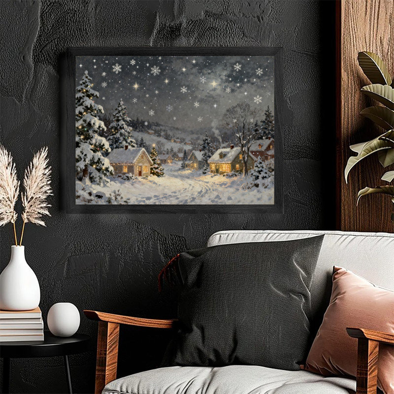 Art mural rétro noir, village de Noël classique, charmante nuit enneigée, paysage d'hiver, impressions encadrées