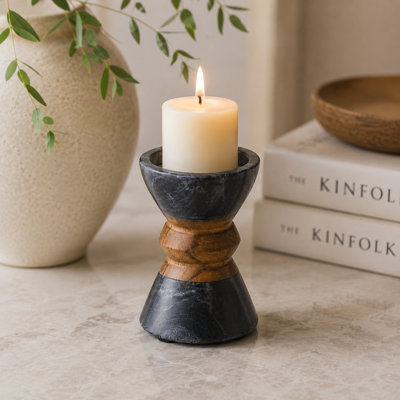 Handmade Black Marble & Acacia Wood Candleholder