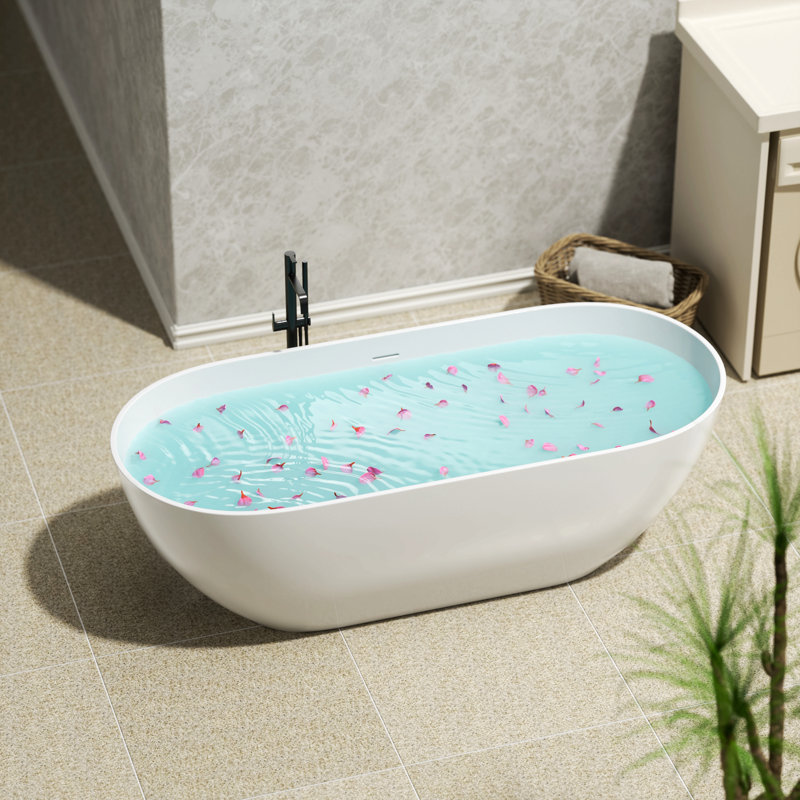 Baignoire autoportante de 63 po à surface solide en résine de pierre reconstituée avec trop-plein et bonde escamotable pour salle de bain contemporaine, blanc mat Gf-23S03-63Mw