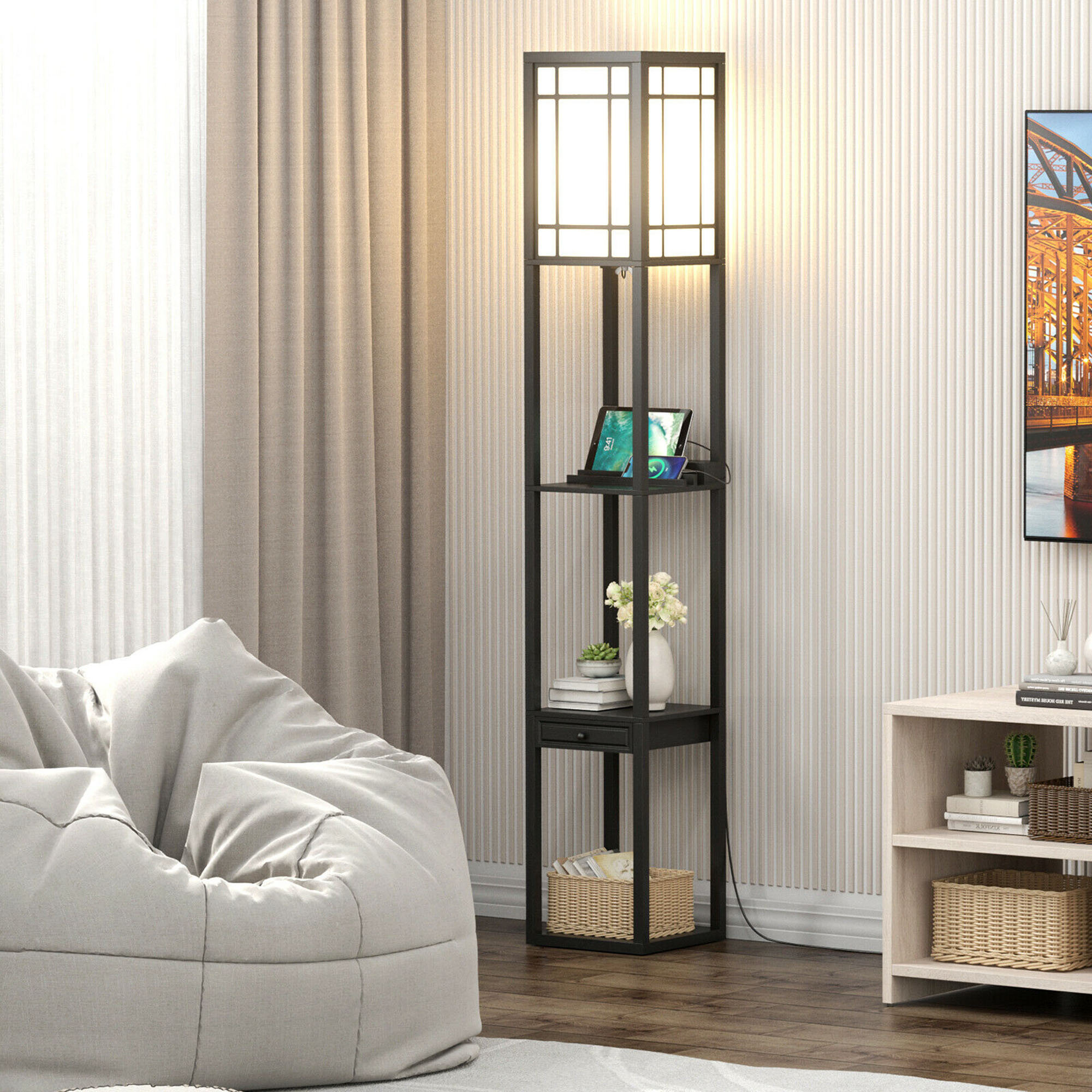 Ebern Designs Selz 63'' Black Column Floor Lamp with USB and Outlet