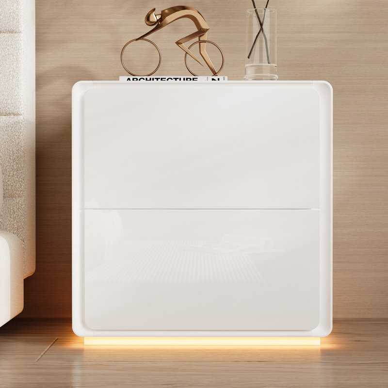 White Nightstand, 20" H — High-Gloss Finish, Built-In LED Base Light