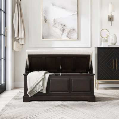 Banc de rangement à chaussures rétro avec système de fermeture amortie sécurisé, coffre de rangement avec compartiment caché et coussin pour l'entrée.