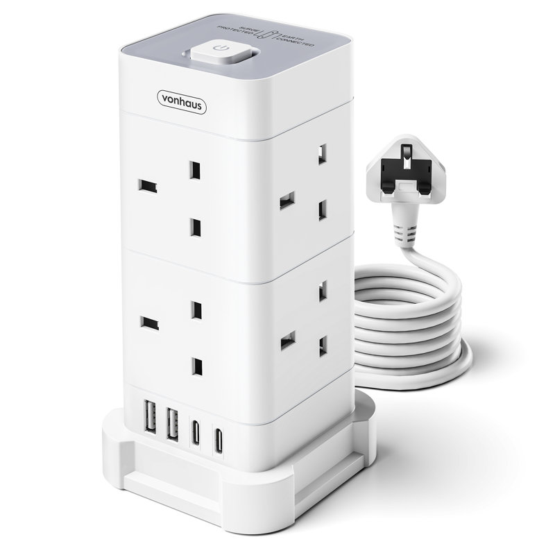 Vonhaus Tower Extension Lead, 8 Plug Cable W/ 2 Usb-C Ports & Fast Charging, Black