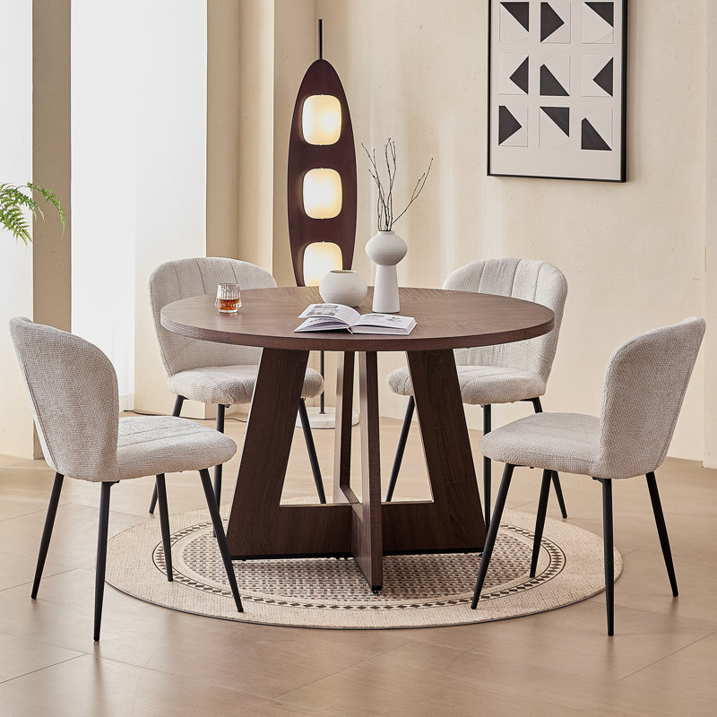 5-Piece Modern Round Dining Set, Walnut Table With 4 White Upholstered Chairs, White, Brown
