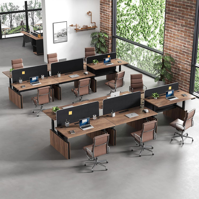 Dual Person Height Adjustable Standing Desk with Privacy Partition, 59" Light Brown One‑Piece Desktop, Electric Sit‑Stand Workstation with Divider Panel for Home Office