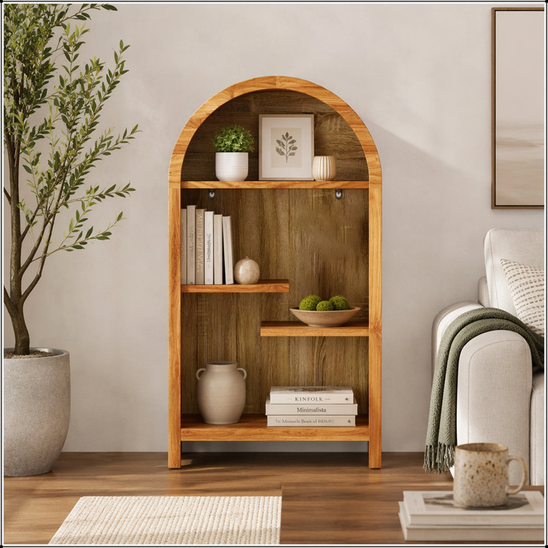 Tablette supérieure autoportante arquée à 4 niveaux, armoire de rangement asymétrique ouverte, présentoir en bois pour entrée, salon, chambre à coucher, couloir