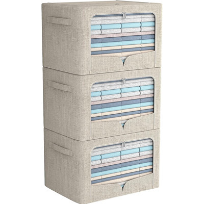 Ensemble de 3 bacs de rangement pour vêtements, boîte de rangement pliable en métal, ensemble de rangement en tissu empilable avec poignées de transport et fenêtre transparente
