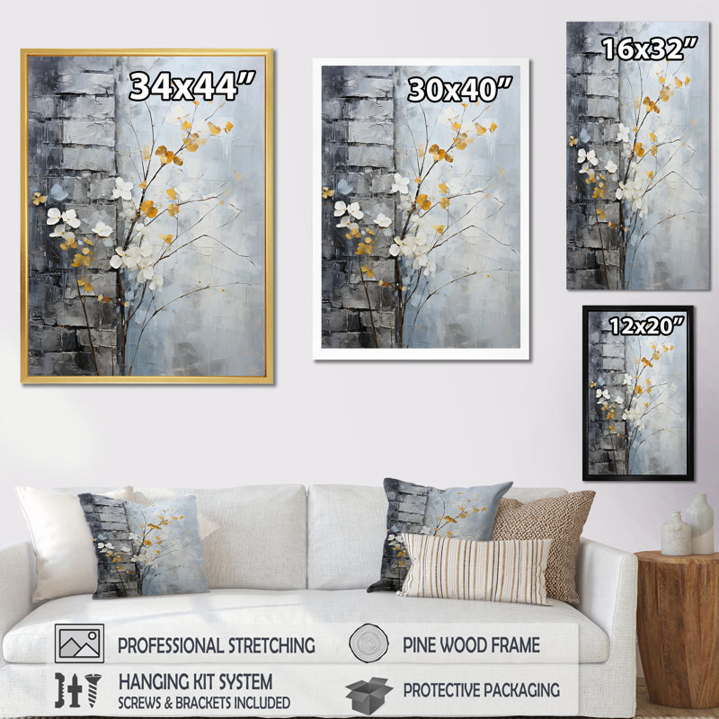 «Minimalist Granite Grape Leaves», reproduction sur toile, Cadre flottant blanc, H 20 po x l 12 po x P 1 po