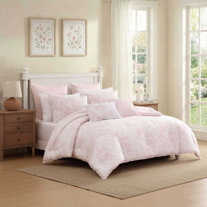 Ensemble d'édredon rose réversible Laura Ashley Natalie, Édredon double / grand, 4 taies décoratives et 2, Rose