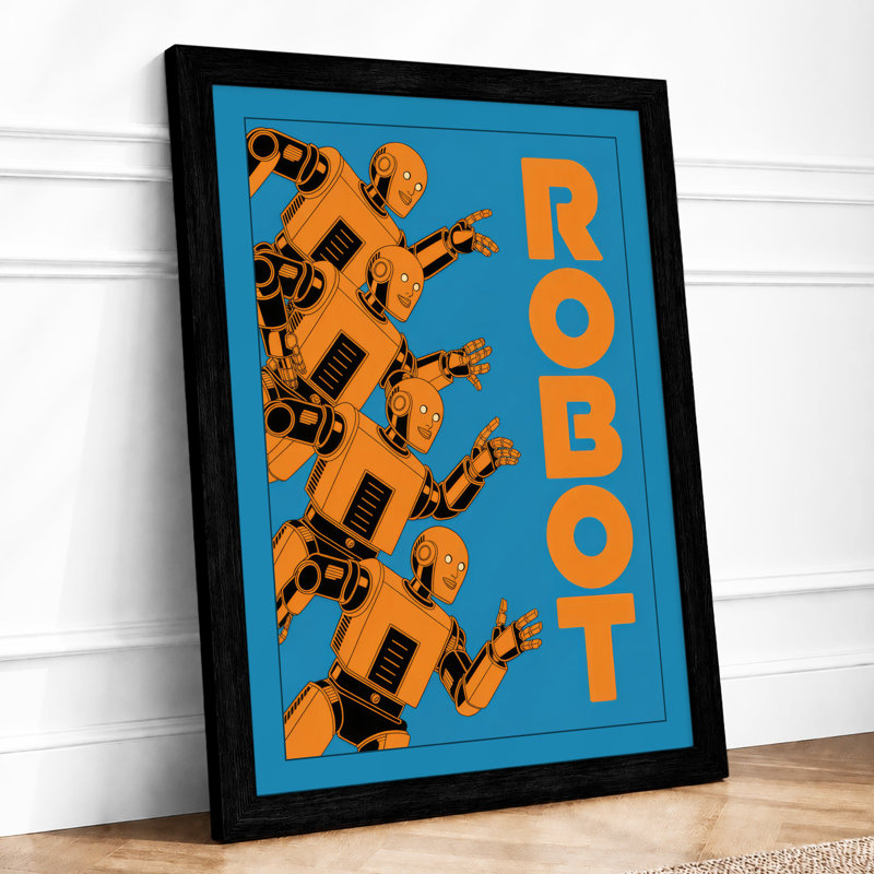 Geometric Robot Retro - Framed Print, A2 - 59.4 x 42.0 cm, Black