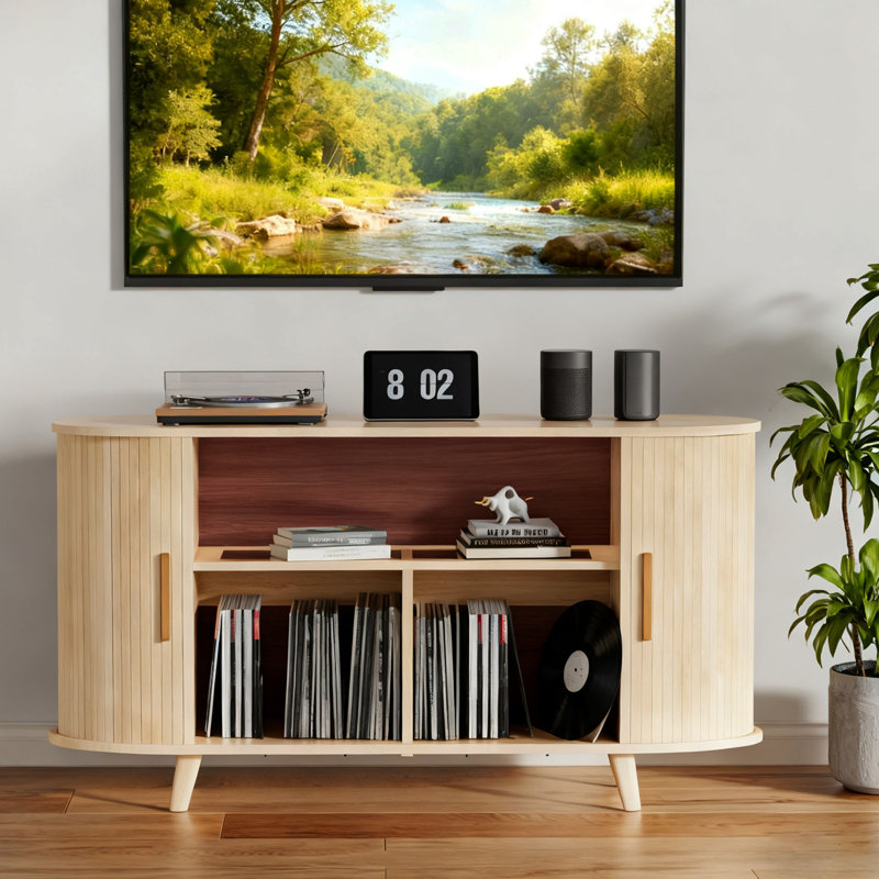 55in Large Record Player Stand with Charging Station & LED Light, Natural Oak, 28.7" H x 55.1" W x 15.7" D, Oak