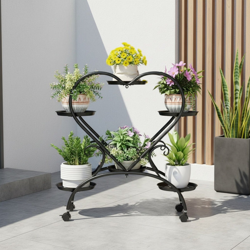 Support pour plante en métal à 6 niveaux avec structure en forme de cœur et roulettes, Noir