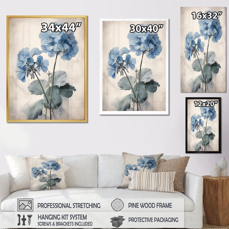 «Blue and White Geranium Minimal Expression» sur impression sur toile, H 20 po x l 12 po x P 1 po, Cadre simple argenté
