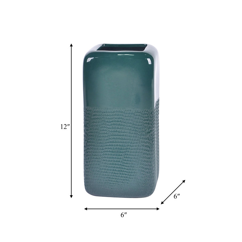 Stoneware Ceramic Vase with Textured Body and Rounded Rim Design, Green, 12" H x 6" W x 6" D