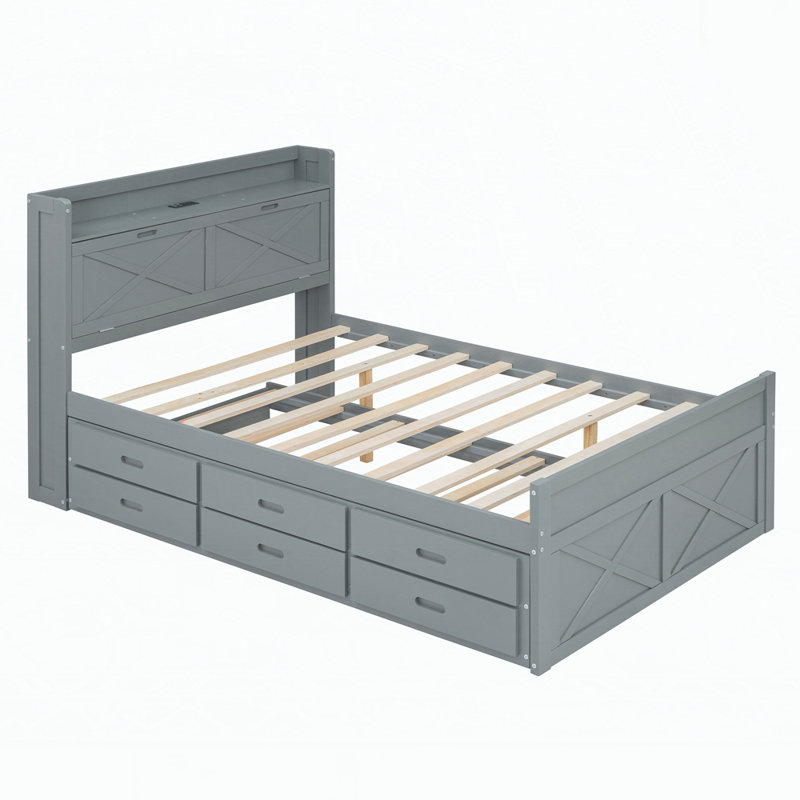 Wood Platform Bed With Trundle And Storage, Full, Gray