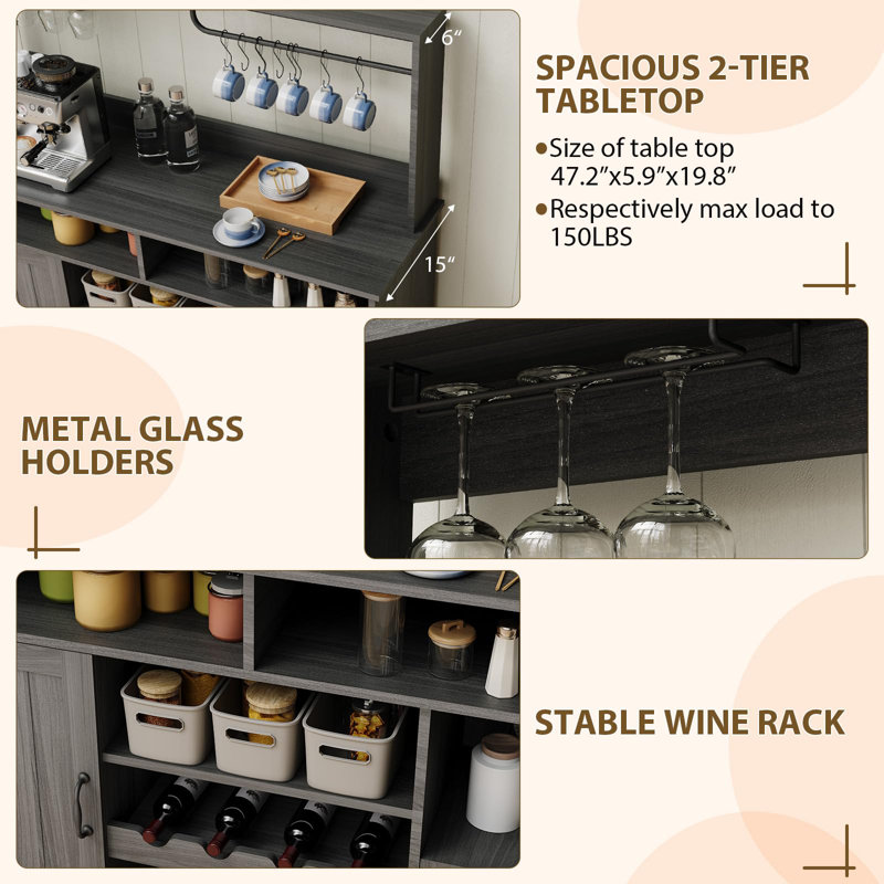 47 in Coffee Bar Cabinet with Power Outlets Farmhouse Buffet Bar Cabinets with 3-Tier Storage & Goblet Holder Coffee Station Hutch Cabinet with 8 Wine Racks for Kitchen, Dining Room, Grey