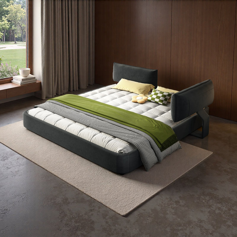 Très grande base de lit Cloud avec tête de lit surdimensionnée rembourrée, lit plateforme tapissier en chenille avec coins ronds, support en lattes de métal et de bois, pas de sommier tapissier nécessaire