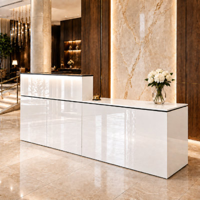  87.2''  L-Shaped Modern Reception Desk with LED Accent Lighting, Built-In Power Outlets, Locking Drawer For Cashier Counter, Salon, Office And Customer Service Front Desk