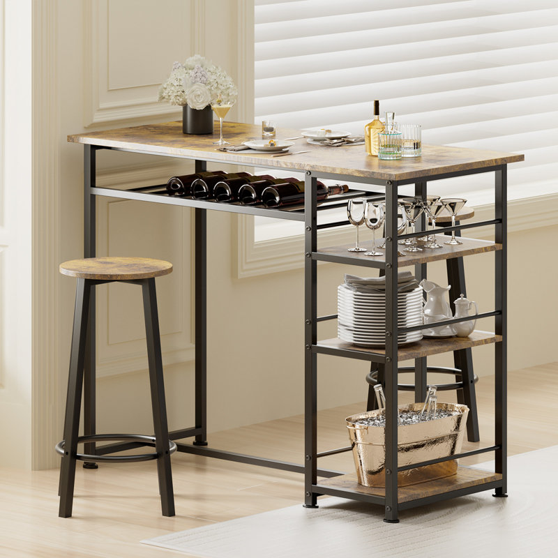 Dining Table Set for 2, Counter Height Kitchen Table and Chairs with Storage Shelves & Wine Rack, Bar Table Set with 2 Bar Stools, 3 Piece Dining Room Table Set for Small Space
