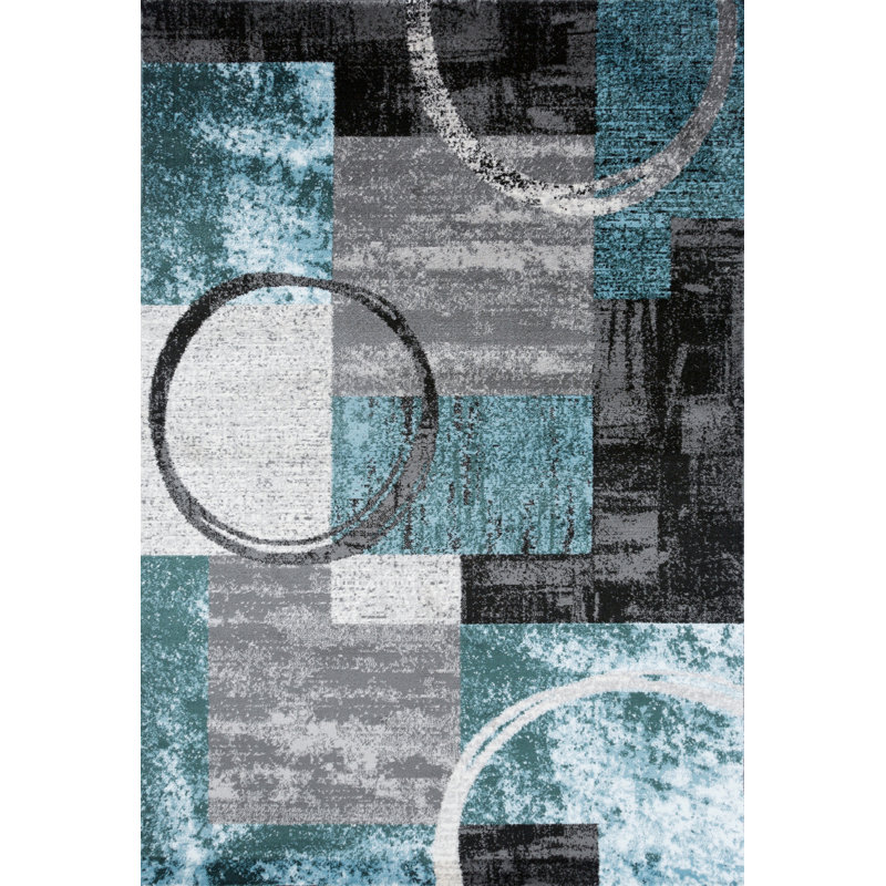 Tapis moderne performance gris, ivoire et bleu à motif abstrait Fanton, Rectangle 7 pi 10 po x 10 pi 2 po, Bleu/gris