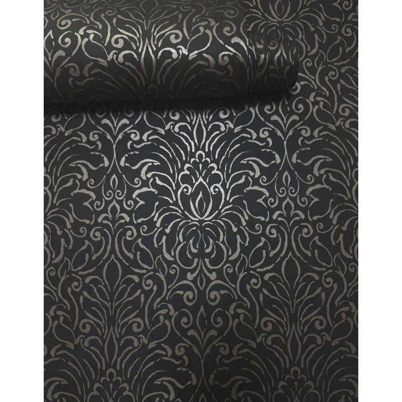 Metallic FX 2 Collection Metallic Damask Wallpaper Roll, Black