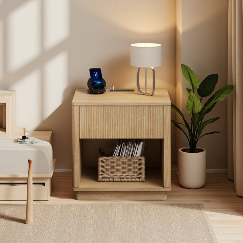 Table de chevet avec prise et port USB, table de chevet moderne avec station de charge et tiroir de rangement, conception moderne pour les petits espaces