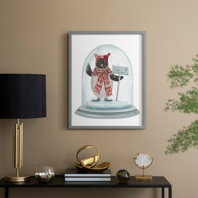 Christmas Penguin Snow Globe Framed Print - Solid Wood