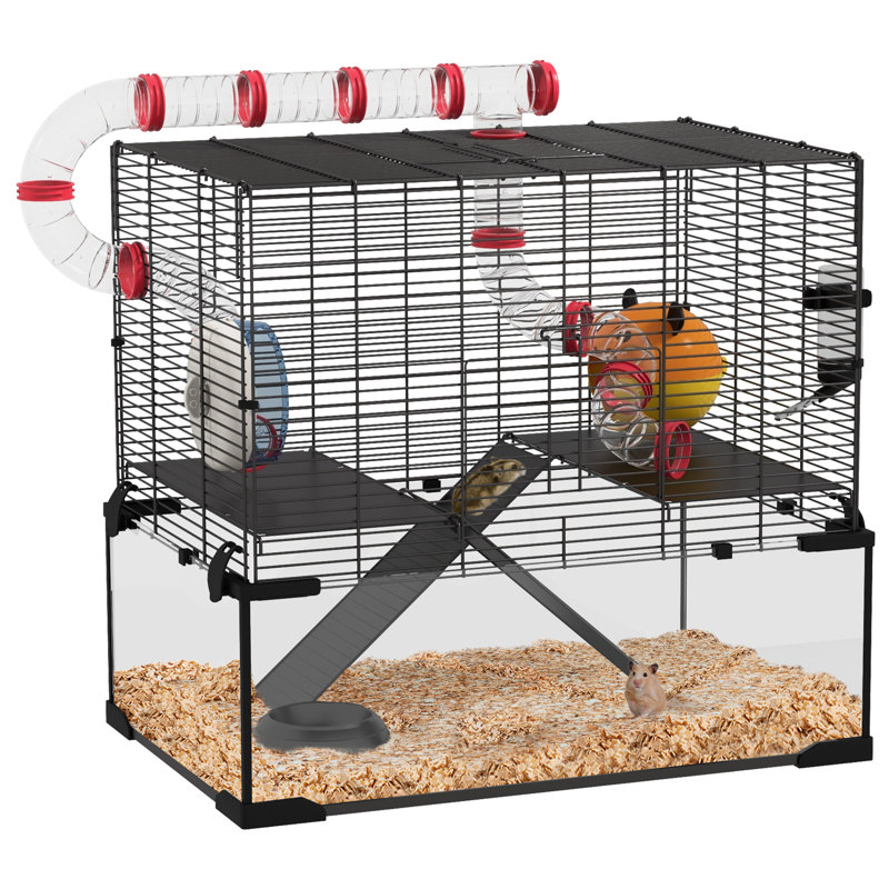 Cage à hamster avec fond en verre profond, système de tube tunnel