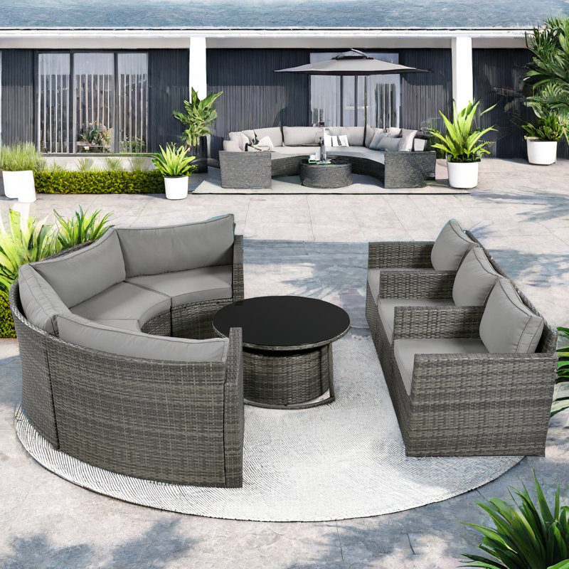 Brusnice 9-pieces Outdoor Half-moon Wicker Patio Sofa Set With 1 Nesting Coffee Table And Tempered Glass Top