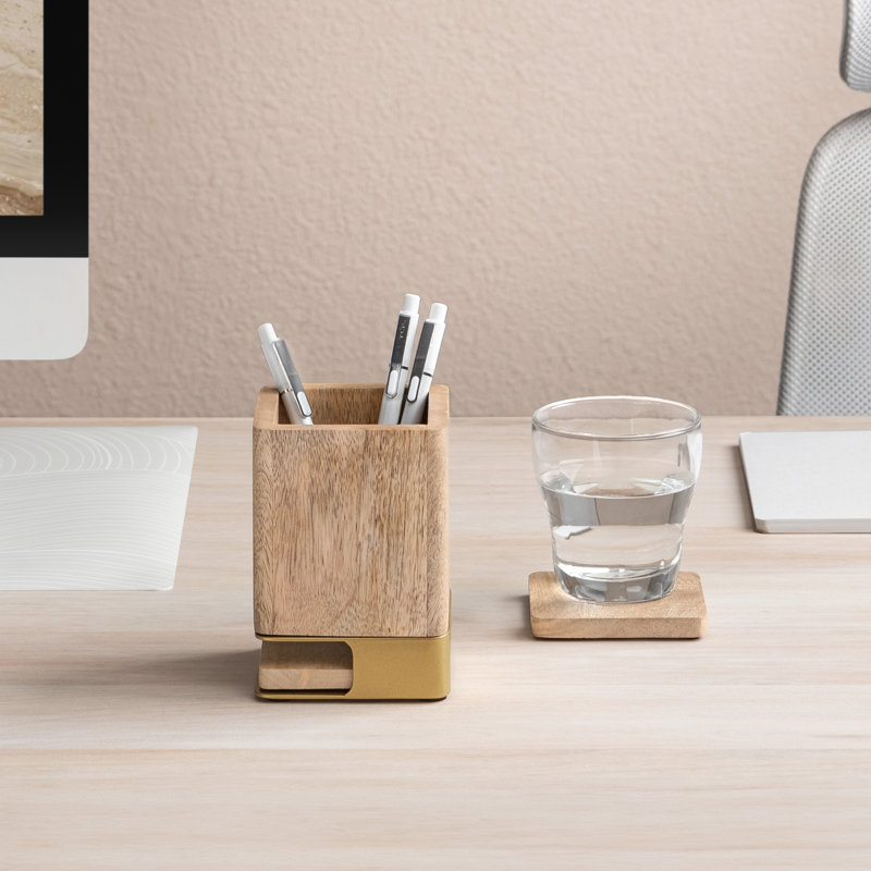 Porte-stylo en bois massif avec 2 sous-verres, Or / naturel