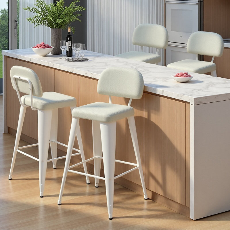 Upholstered Seat Stools with Metal Frame, White, Bar Stool (30" Seat Height)