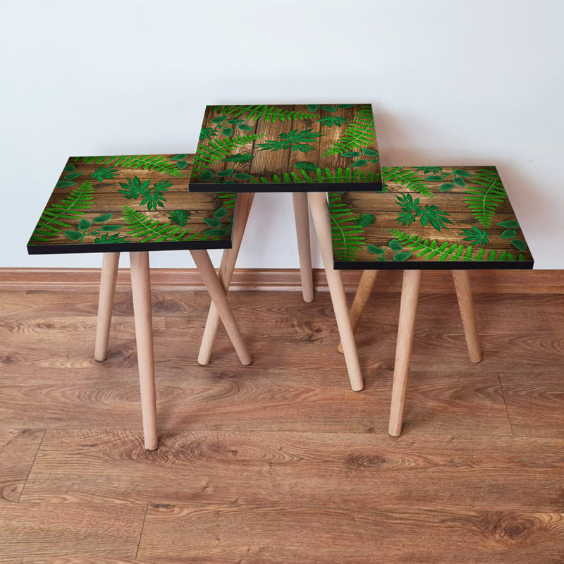 Ensemble de 3 tables gigognes modernes, vertes et brunes, 13,8 po x 20,5 po x 13,8 po | 100% panneau de fibres à densité moyenne avec pieds en bois de hêtre | Design élégant pour le salon, le bureau personnel et les espaces d'étude | Décoration élégante et fonctionnelle