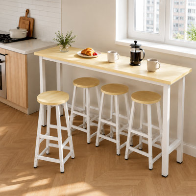 70.8" Narrow Counter Height Bar Table Set with 4 Stools, Space-Saving Dining Set for Apartment Kitchen, Breakfast Nook and Behind-the-Couch Seating, White/Natural