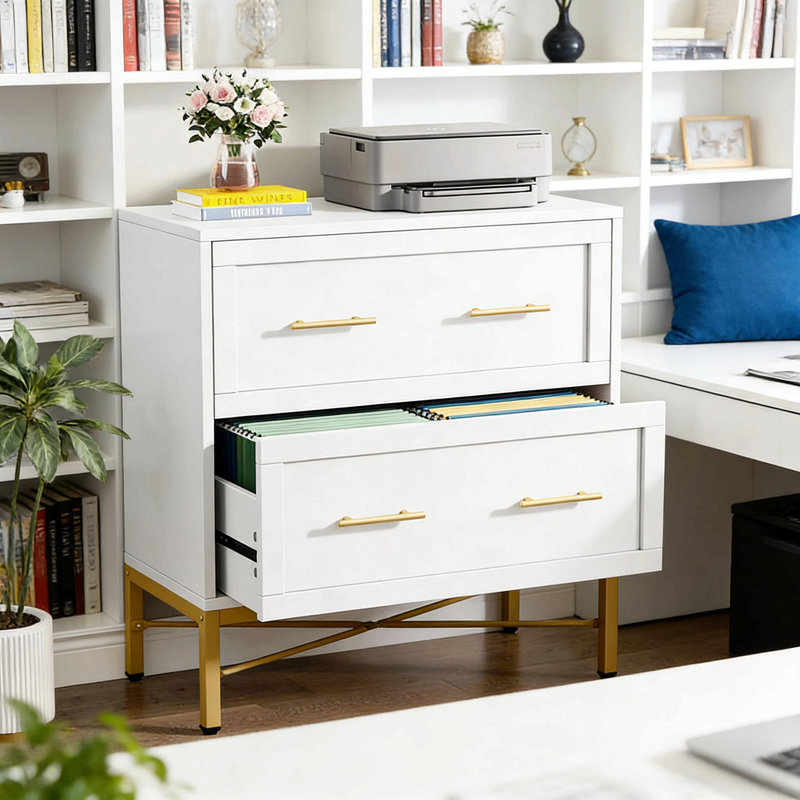 Armoire au design épuré, classeur de bureau, armoire de rangement durable, Doré / Blanc