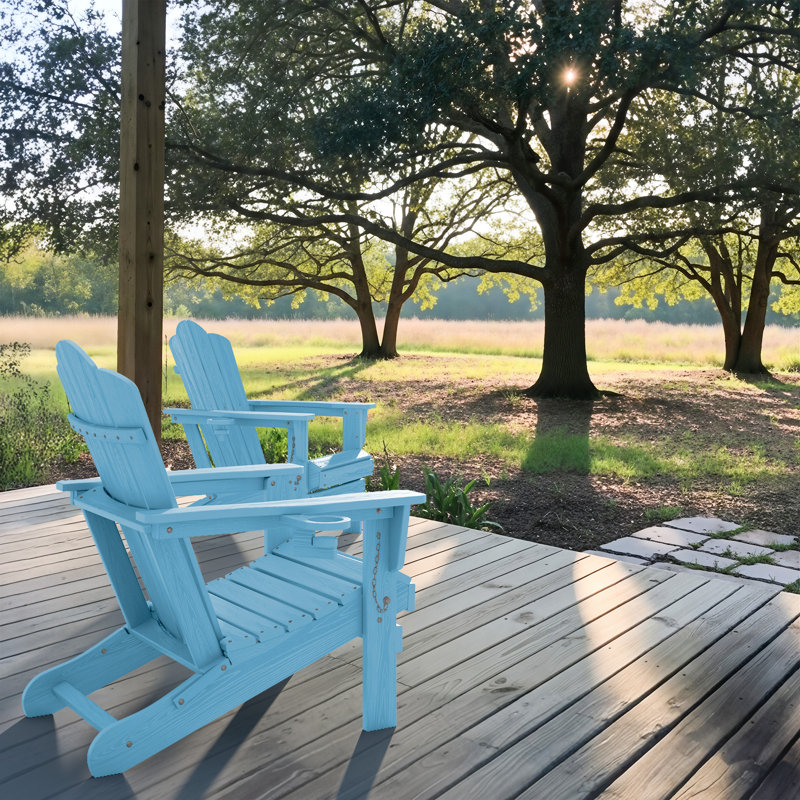 Chaise Adirondack pliante Ayanda en PEHD avec porte-gobelet double (ensemble de 2), Bleu