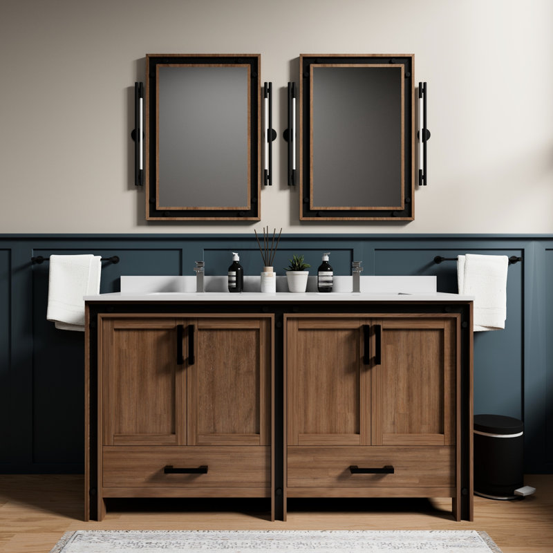 60 po W Meuble-lavabo double rustique - Miroirs 22 deux armoires et tiroirs pour un rangement copieux entièrement assemblé x P 32 H suffisamment d'espace