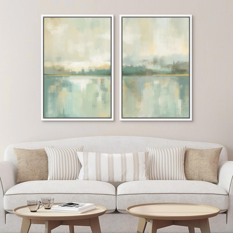 «Sage Green & Tan Lake», paysage abstrait, art mural, œuvre d'art, Calm Relax, 2 pièces, Blanc, H 36 po x l 24 po