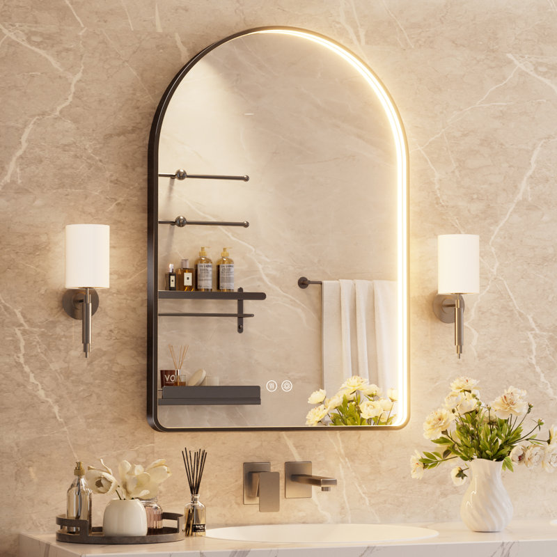 Miroir de salle de bain à cadre DEL, miroir de salle de bain arqué antibuée, Noir mat, 30 po x 20 po