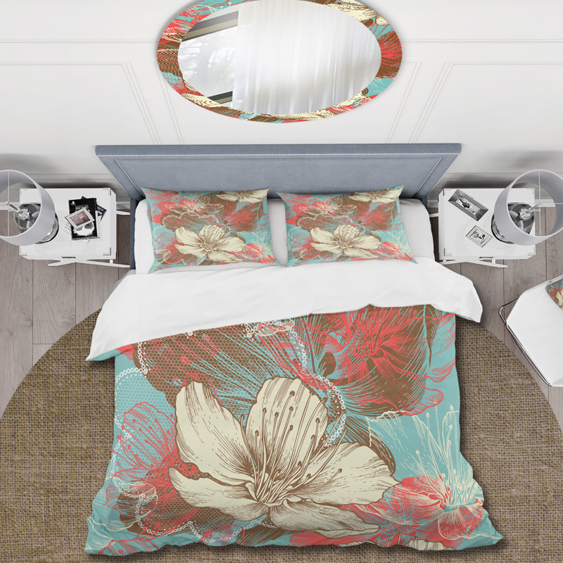 Ensemble de housse de couette en microfibre corail / turquoise / brun, Housse de couette simple + 1 taie décorative stan