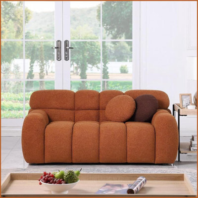 Modern 2-Seater Marshmallow Boucle Sofa – 64.98” L x 35.83” D – Light Brown | Light Brown | Boucle