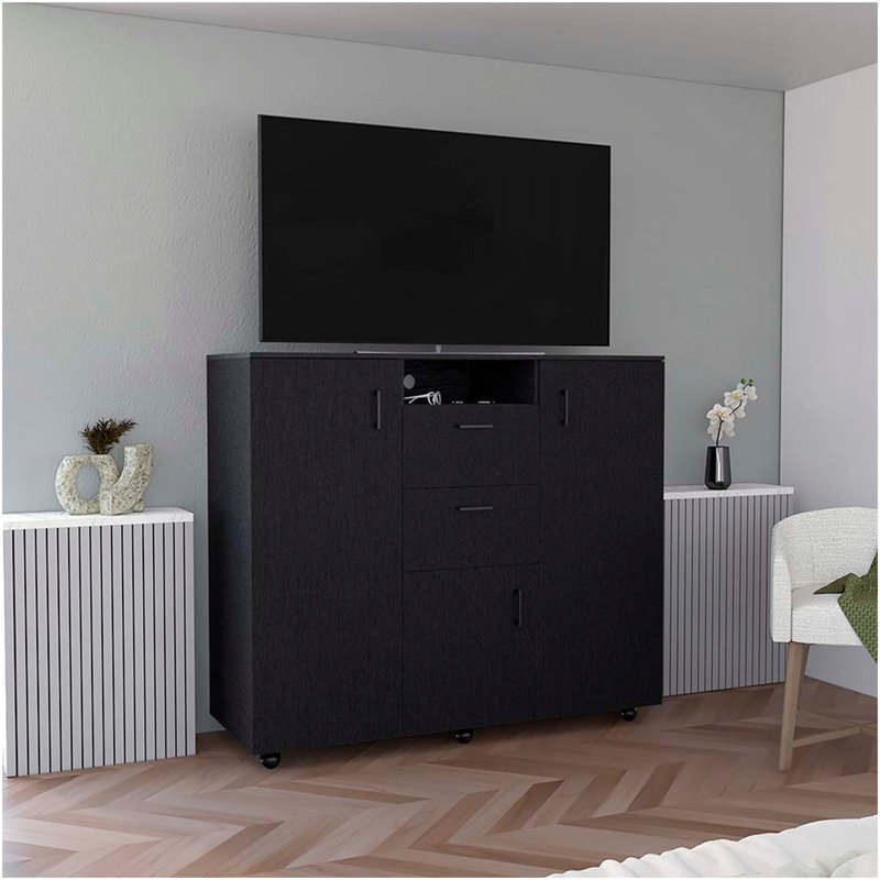 Commode à deux portes Letna, deux tiroirs, quatre tablettes intérieures, trois armoires avec porte, tringle - noir