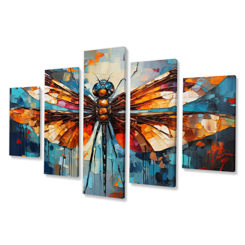 «Orange Dragonfly Insectes Flight Collage II», reproduction d'art murale animaux - 5 panneaux