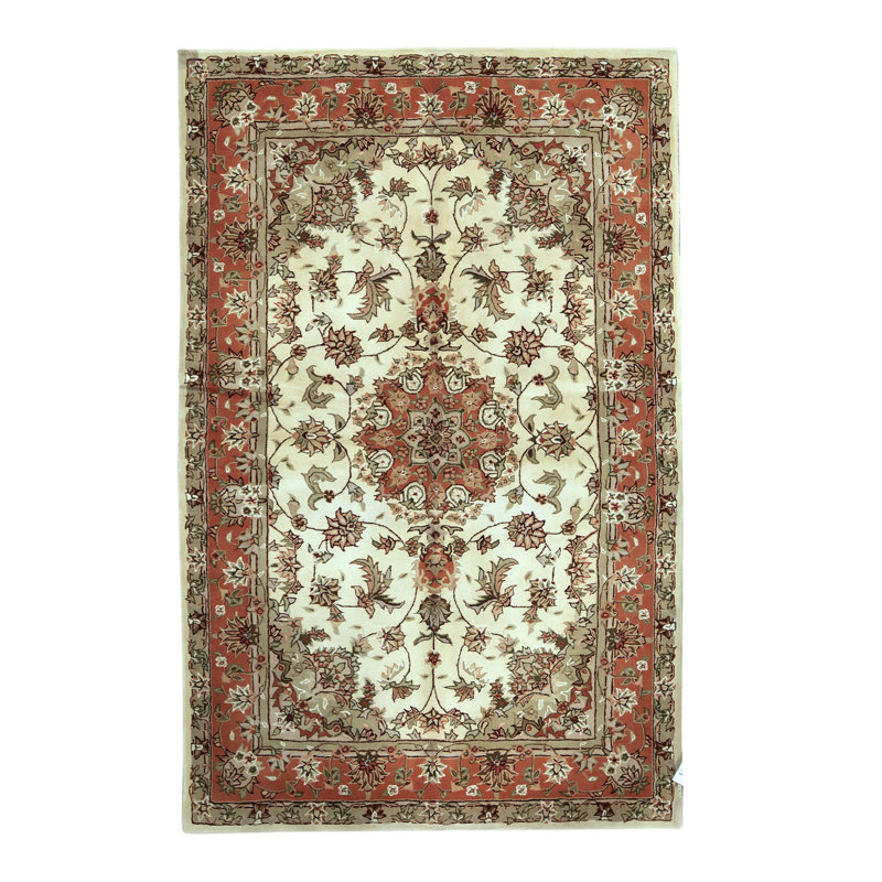 Hand-Knotted High-Quality Ivory and Red Area Rug