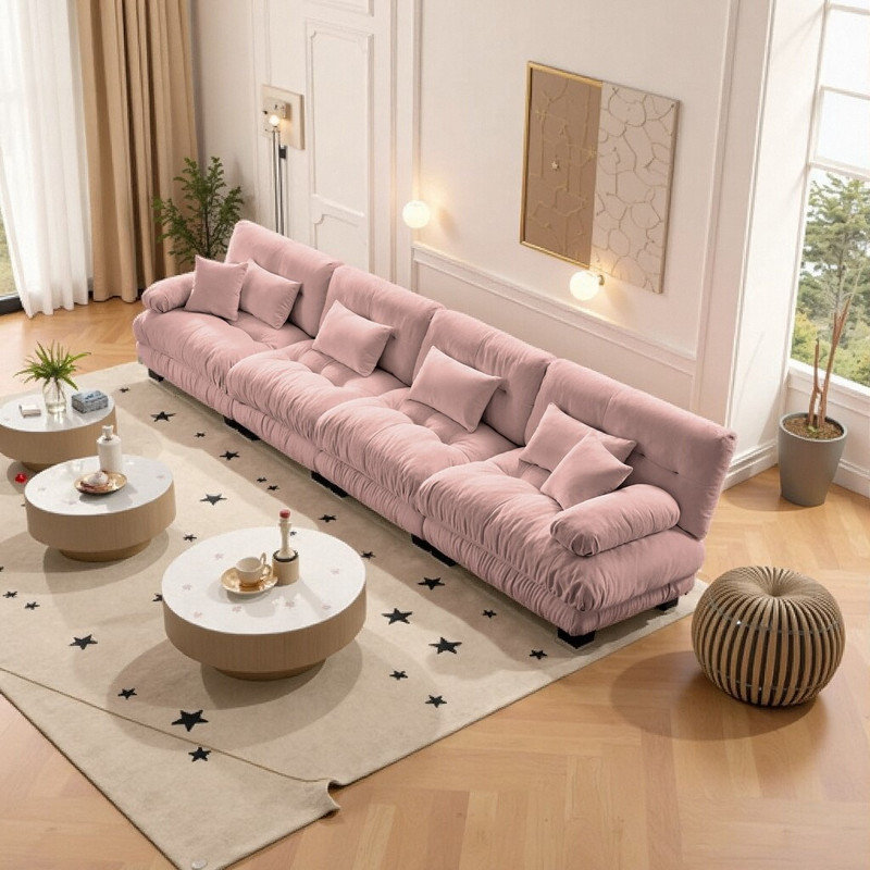 Canapé modulaire 4 places avec accoudoirs traversins, canapé en chenille, Rose