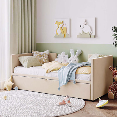 Lit de jour simple tapissier avec couchette escamotable, beige