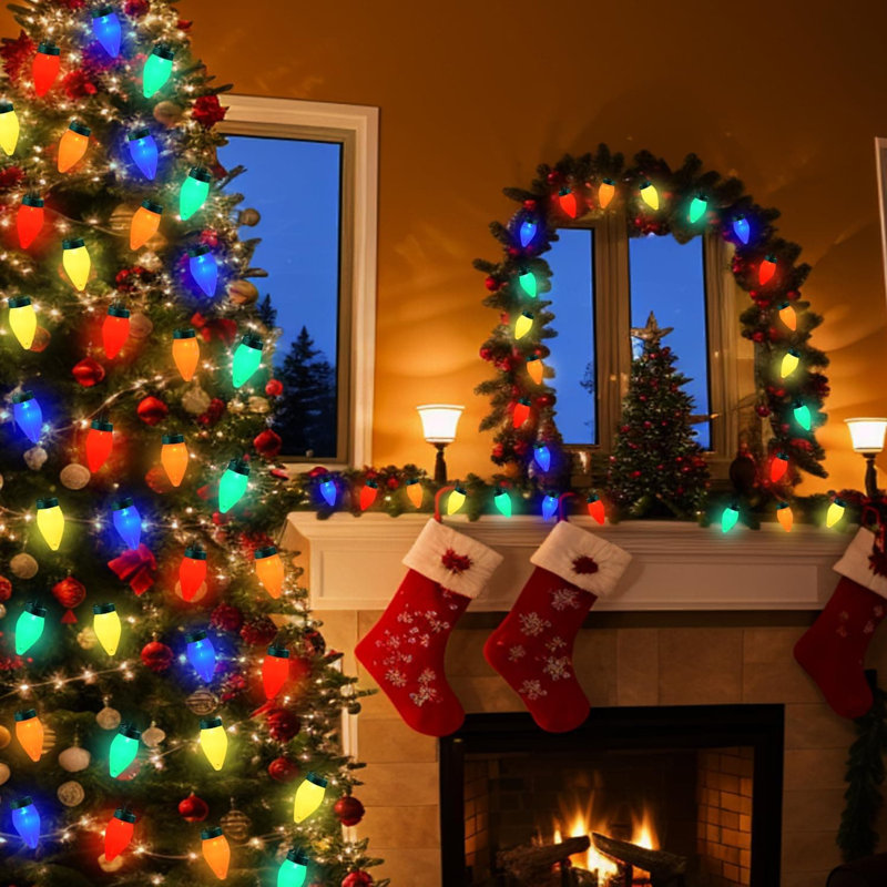 Lumières de Noël à piles avec télécommande C7 - paquet de 2 guirlandes lumineuses extérieures de 27,5 pi, 100 ampoules DEL multicolores, 8 modes d'éclairage, fonction minuterie pour arbre de Noël et décoration intérieure