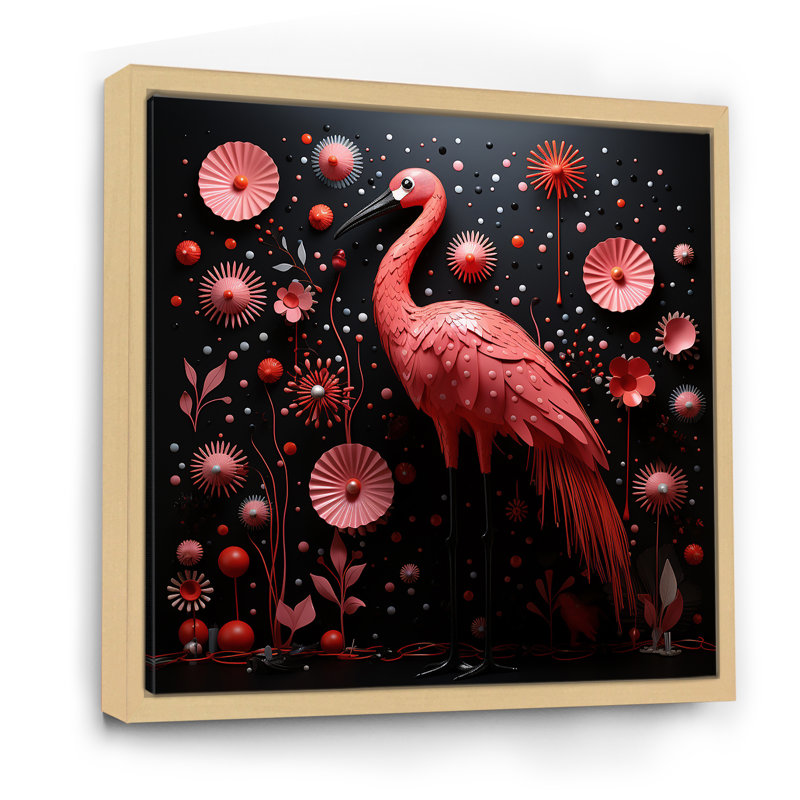 «Ping Pong Plumage Fiasco», art mural animal flamant rose, Cadre flottant brun, H 16 po x l 16 po x P 1 po