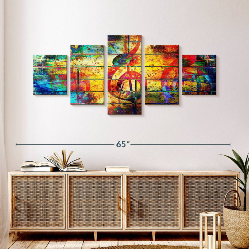 Ensemble de 5 pièces colorées avec collage sur toile, H 55 po x l 24 po x P 1,25 po